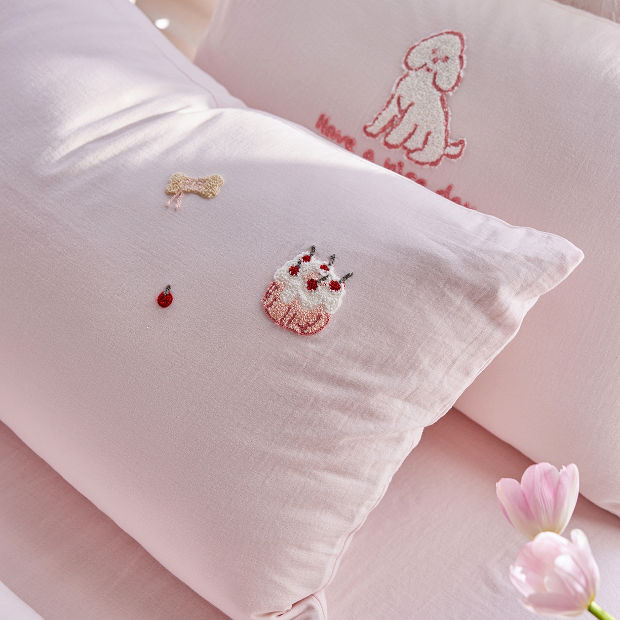 91家纺网 家纺一手货源 找家纺 沐珩家纺 2026新款直播爆款A类母婴级素色全棉双层皱皱纱绣花纯棉双层纱四件套 清新可露丽