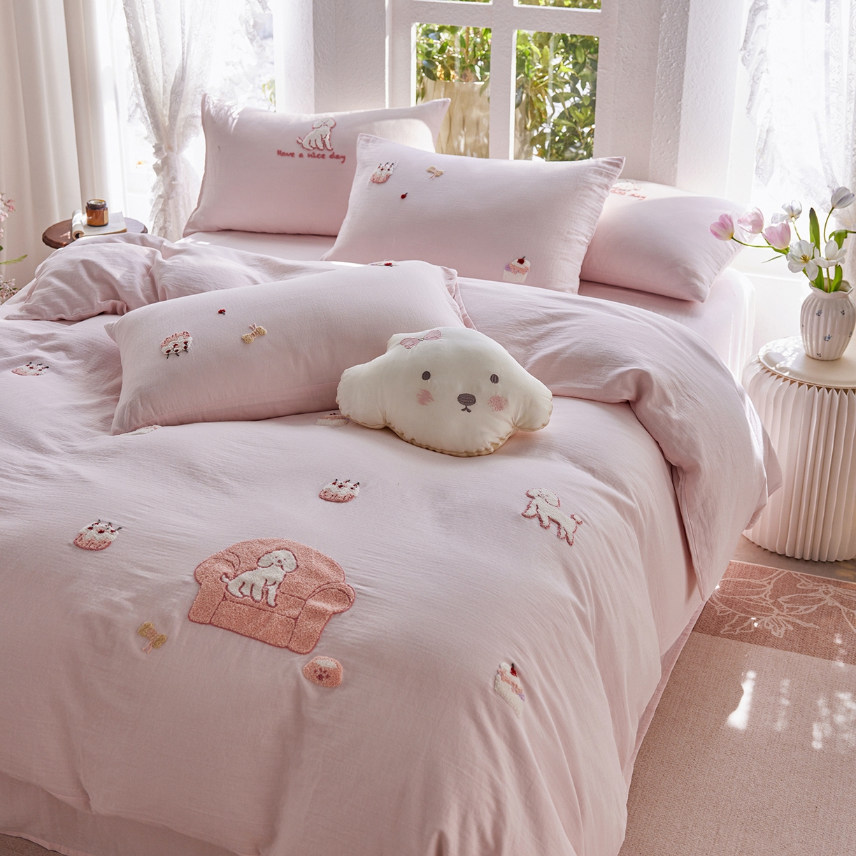 91家纺网 家纺一手货源 找家纺 沐珩家纺 2026新款直播爆款A类母婴级素色全棉双层皱皱纱绣花纯棉双层纱四件套 清新可露丽