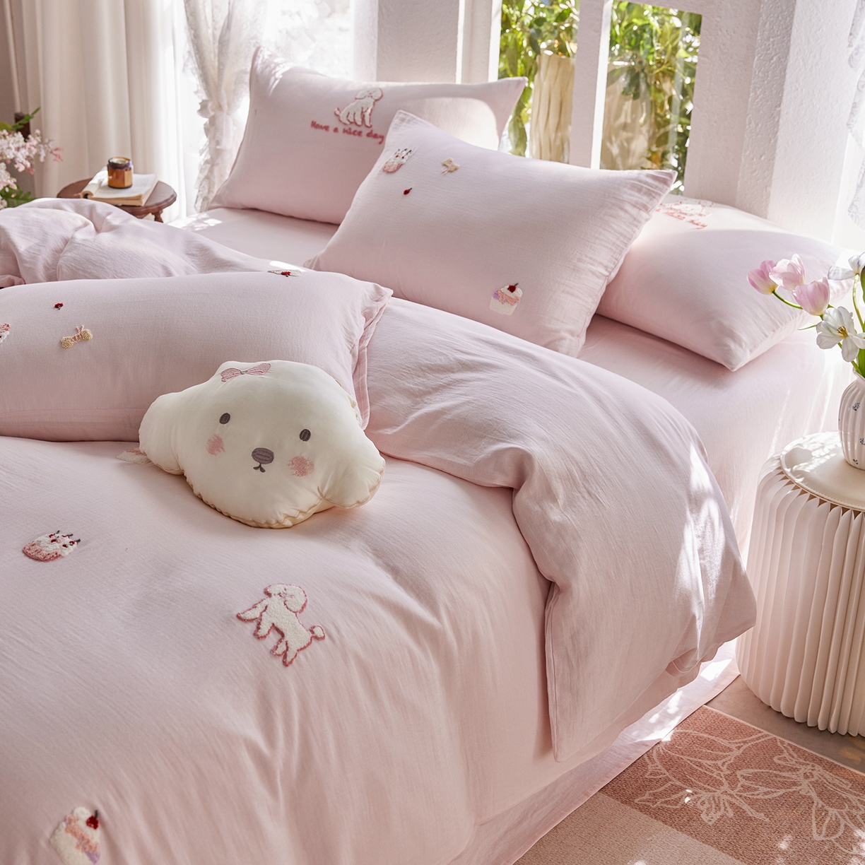 91家纺网 家纺一手货源 找家纺 沐珩家纺 2026新款直播爆款A类母婴级素色全棉双层皱皱纱绣花纯棉双层纱四件套 清新可露丽