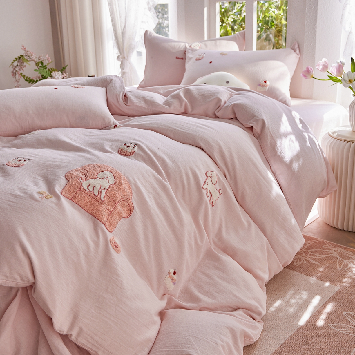 91家纺网 家纺一手货源 找家纺 沐珩家纺 2026新款直播爆款A类母婴级素色全棉双层皱皱纱绣花纯棉双层纱四件套 清新可露丽