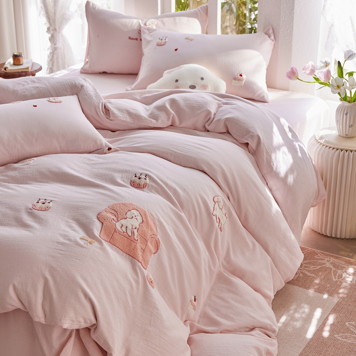 91家纺网 家纺一手货源 找家纺 沐珩家纺 2026新款直播爆款A类母婴级素色全棉双层皱皱纱绣花纯棉双层纱四件套 清新可露丽