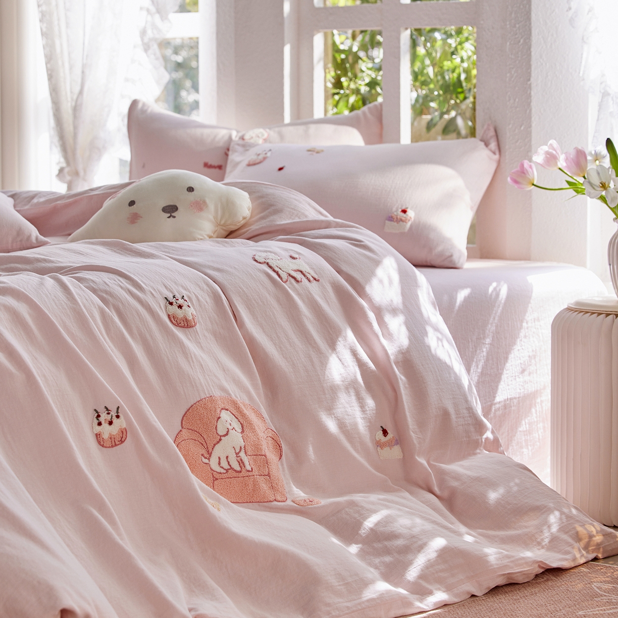 91家纺网 家纺一手货源 找家纺 沐珩家纺 2026新款直播爆款A类母婴级素色全棉双层皱皱纱绣花纯棉双层纱四件套 清新可露丽