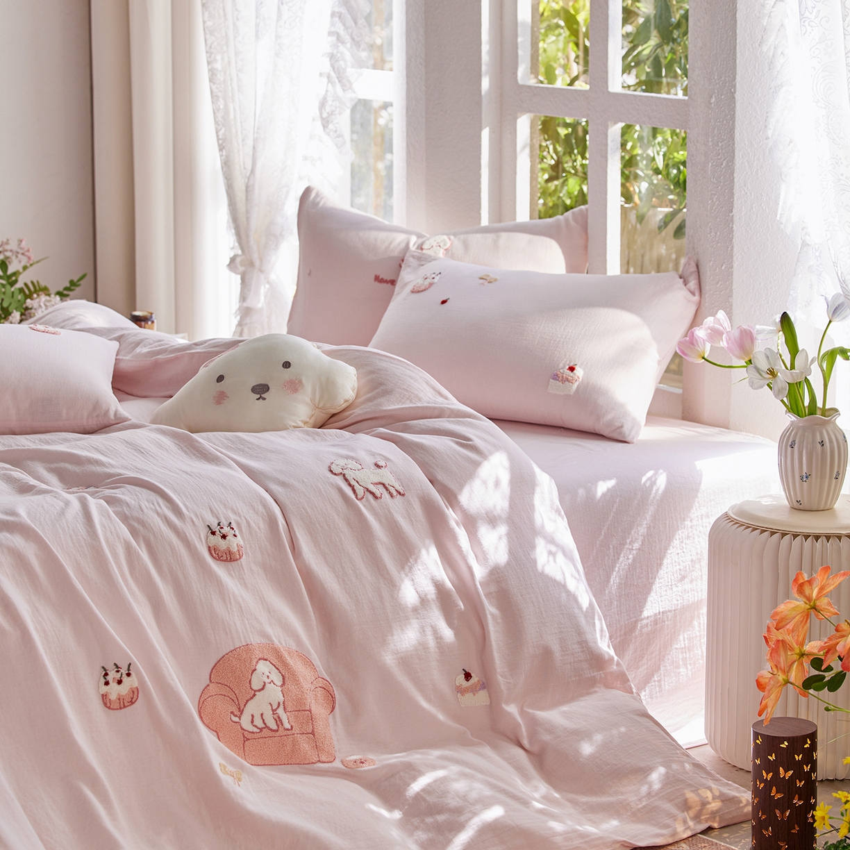 91家纺网 家纺一手货源 找家纺 沐珩家纺 2026新款直播爆款A类母婴级素色全棉双层皱皱纱绣花纯棉双层纱四件套 清新可露丽