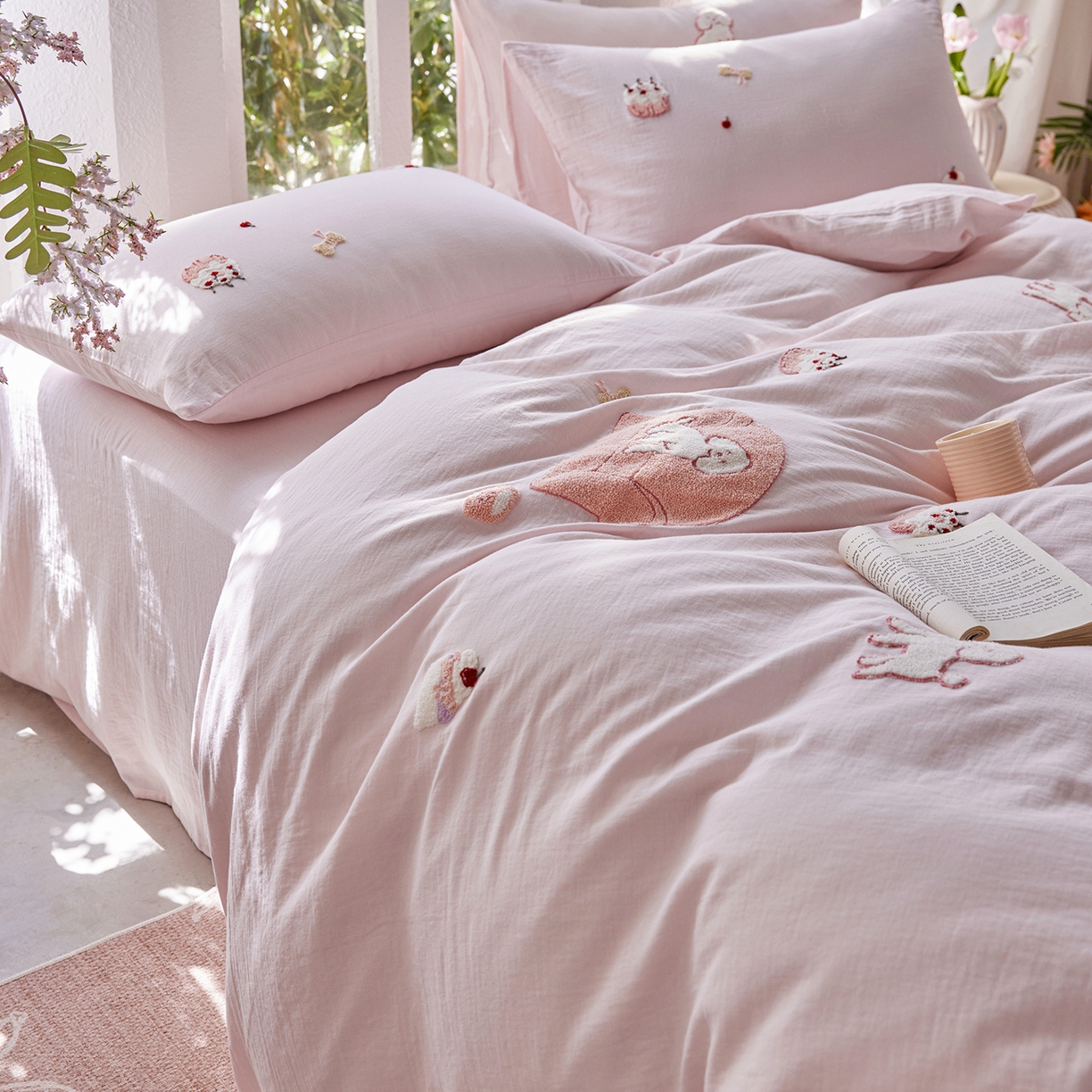 91家纺网 家纺一手货源 找家纺 沐珩家纺 2026新款直播爆款A类母婴级素色全棉双层皱皱纱绣花纯棉双层纱四件套 清新可露丽