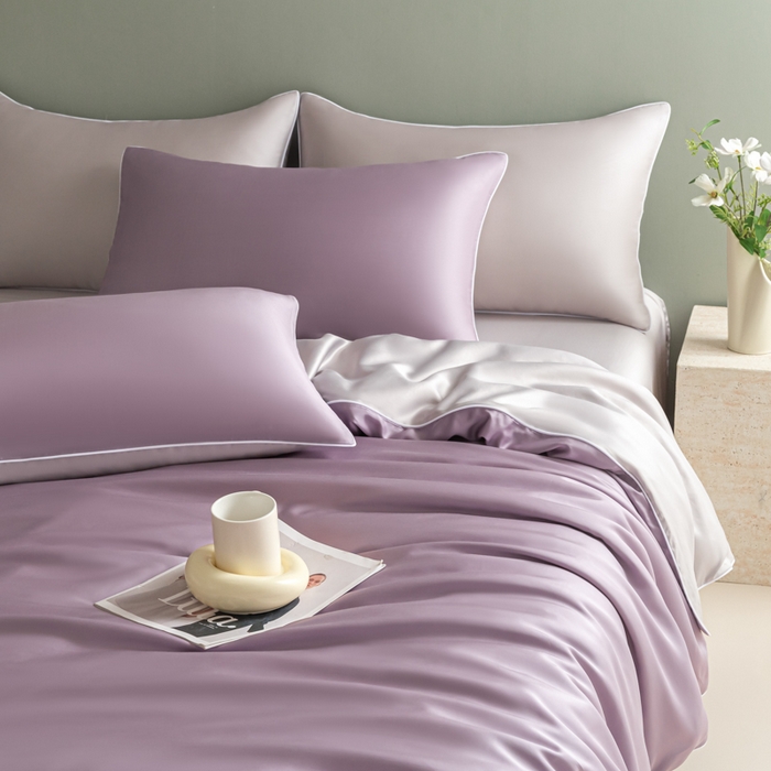 91家纺网 家纺一手货源 找家纺 缦绣阁家纺 2026新款夏季轻奢水洗仿真丝四件套凉感丝床单被套纯色冰丝床笠双人三件套 麻绳款-刲信紫+灰