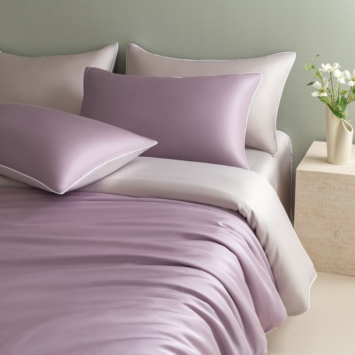 91家纺网 家纺一手货源 找家纺 缦绣阁家纺 2026新款夏季轻奢水洗仿真丝四件套凉感丝床单被套纯色冰丝床笠双人三件套 麻绳款-刲信紫+灰