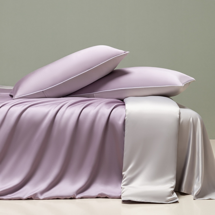 91家纺网 家纺一手货源 找家纺 缦绣阁家纺 2026新款夏季轻奢水洗仿真丝四件套凉感丝床单被套纯色冰丝床笠双人三件套 麻绳款-刲信紫+灰