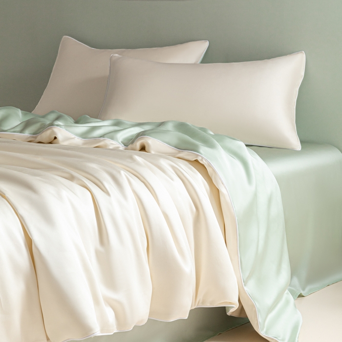 91家纺网 家纺一手货源 找家纺 缦绣阁家纺 2026新款夏季轻奢水洗仿真丝四件套凉感丝床单被套纯色冰丝床笠双人三件套 麻绳款-芝士果绿