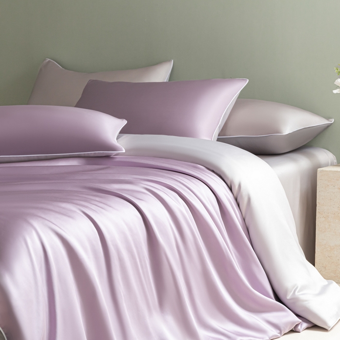 缦绣阁家纺 2026新款夏季轻奢水洗仿真丝四件套凉感丝床单被套纯色冰丝床笠双人三件套 麻绳款-刲信紫+灰