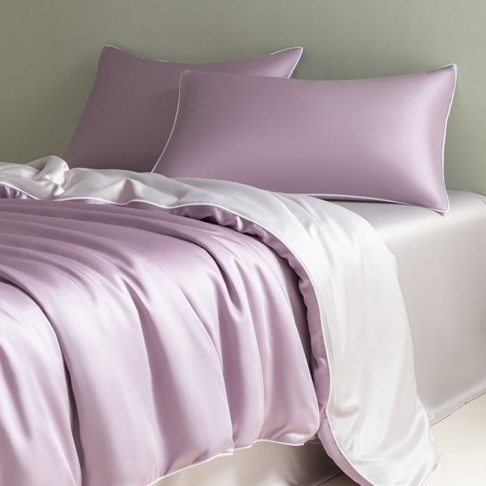 91家纺网 家纺一手货源 找家纺 缦绣阁家纺 2026新款夏季轻奢水洗仿真丝四件套凉感丝床单被套纯色冰丝床笠双人三件套 麻绳款-刲信紫+灰