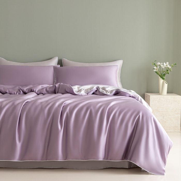 91家纺网 家纺一手货源 找家纺 缦绣阁家纺 2026新款夏季轻奢水洗仿真丝四件套凉感丝床单被套纯色冰丝床笠双人三件套 麻绳款-刲信紫+灰