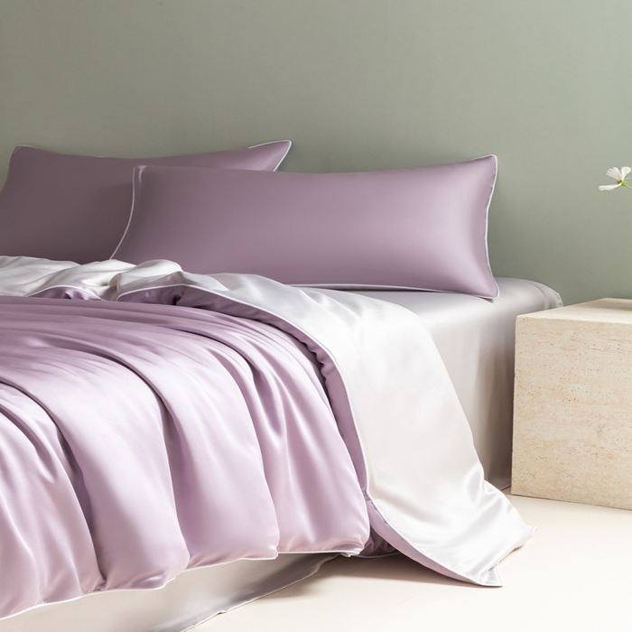 91家纺网 家纺一手货源 找家纺 缦绣阁家纺 2026新款夏季轻奢水洗仿真丝四件套凉感丝床单被套纯色冰丝床笠双人三件套 麻绳款-刲信紫+灰