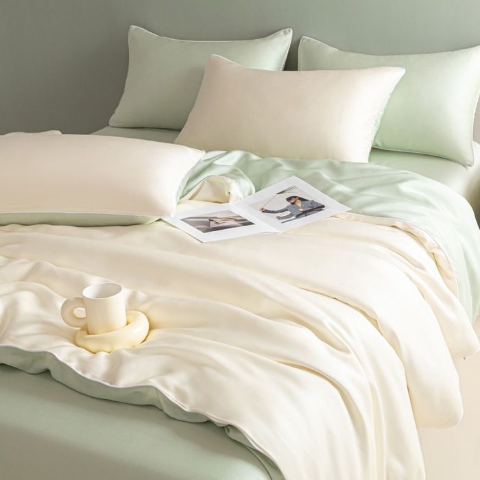 91家纺网 家纺一手货源 找家纺 缦绣阁家纺 2026新款夏季轻奢水洗仿真丝四件套凉感丝床单被套纯色冰丝床笠双人三件套 麻绳款-芝士果绿