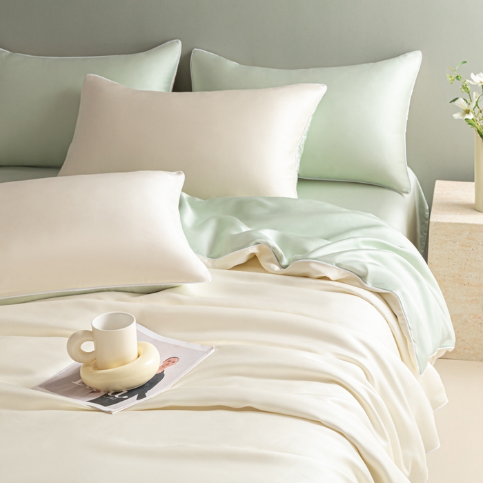 91家纺网 家纺一手货源 找家纺 缦绣阁家纺 2026新款夏季轻奢水洗仿真丝四件套凉感丝床单被套纯色冰丝床笠双人三件套 麻绳款-芝士果绿