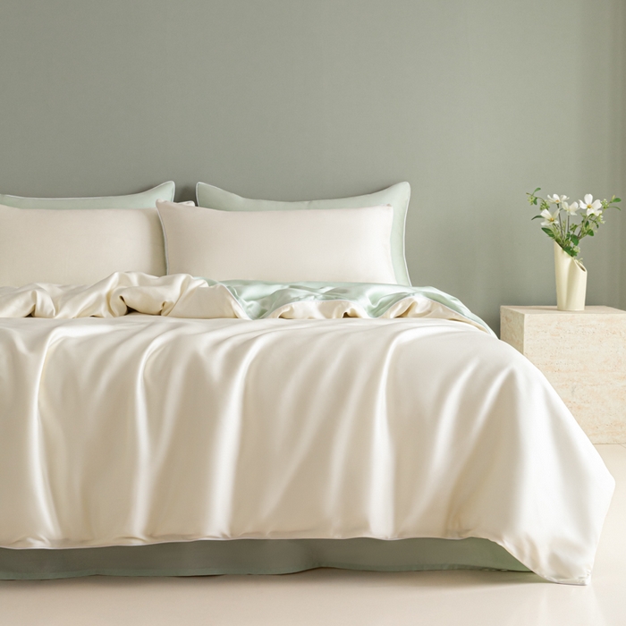 91家纺网 家纺一手货源 找家纺 缦绣阁家纺 2026新款夏季轻奢水洗仿真丝四件套凉感丝床单被套纯色冰丝床笠双人三件套 麻绳款-芝士果绿