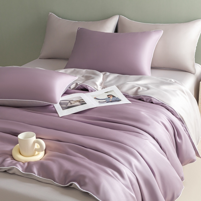 91家纺网 家纺一手货源 找家纺 缦绣阁家纺 2026新款夏季轻奢水洗仿真丝四件套凉感丝床单被套纯色冰丝床笠双人三件套 麻绳款-刲信紫+灰