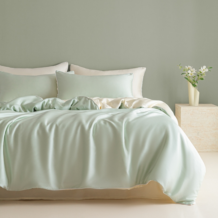 91家纺网 家纺一手货源 找家纺 缦绣阁家纺 2026新款夏季轻奢水洗仿真丝四件套凉感丝床单被套纯色冰丝床笠双人三件套 麻绳款-果绿芝士