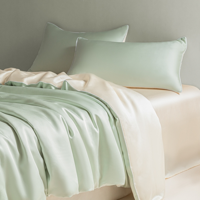 91家纺网 家纺一手货源 找家纺 缦绣阁家纺 2026新款夏季轻奢水洗仿真丝四件套凉感丝床单被套纯色冰丝床笠双人三件套 麻绳款-果绿芝士