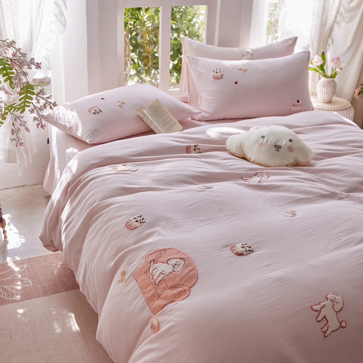 91家纺网 家纺一手货源 找家纺 沐珩家纺 2026新款直播爆款A类母婴级素色全棉双层皱皱纱绣花纯棉双层纱四件套 清新可露丽