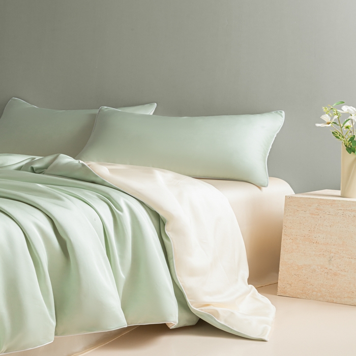 91家纺网 家纺一手货源 找家纺 缦绣阁家纺 2026新款夏季轻奢水洗仿真丝四件套凉感丝床单被套纯色冰丝床笠双人三件套 麻绳款-果绿芝士