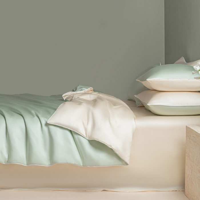 91家纺网 家纺一手货源 找家纺 缦绣阁家纺 2026新款夏季轻奢水洗仿真丝四件套凉感丝床单被套纯色冰丝床笠双人三件套 麻绳款-果绿芝士