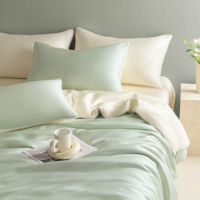 91家纺网 家纺一手货源 找家纺 缦绣阁家纺 2026新款夏季轻奢水洗仿真丝四件套凉感丝床单被套纯色冰丝床笠双人三件套 麻绳款-果绿芝士