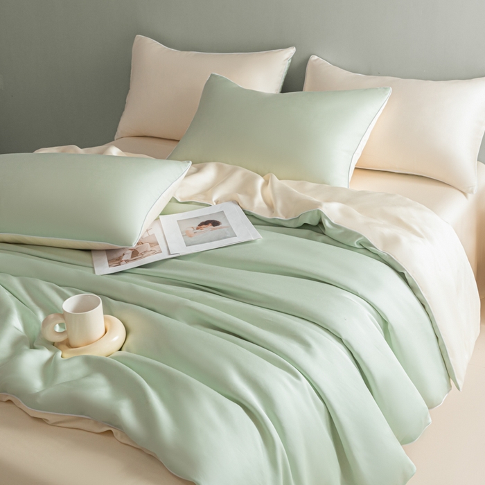 91家纺网 家纺一手货源 找家纺 缦绣阁家纺 2026新款夏季轻奢水洗仿真丝四件套凉感丝床单被套纯色冰丝床笠双人三件套 麻绳款-果绿芝士