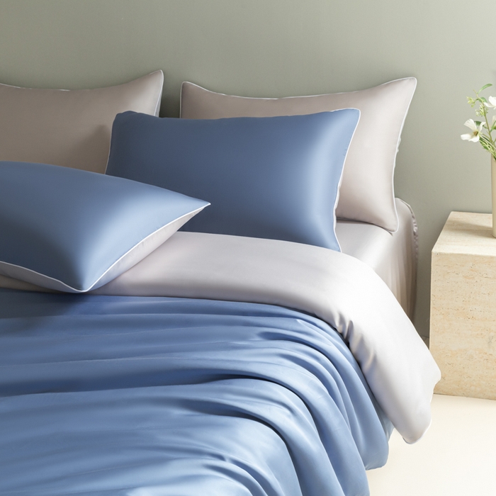 91家纺网 家纺一手货源 找家纺 缦绣阁家纺 2026新款夏季轻奢水洗仿真丝四件套凉感丝床单被套纯色冰丝床笠双人三件套 麻绳款-星海蓝+灰