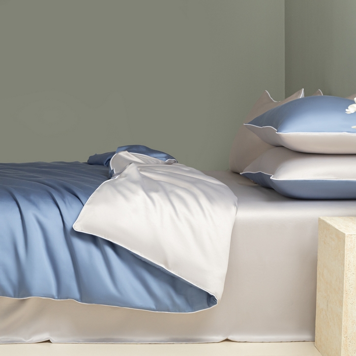 91家纺网 家纺一手货源 找家纺 缦绣阁家纺 2026新款夏季轻奢水洗仿真丝四件套凉感丝床单被套纯色冰丝床笠双人三件套 麻绳款-星海蓝+灰