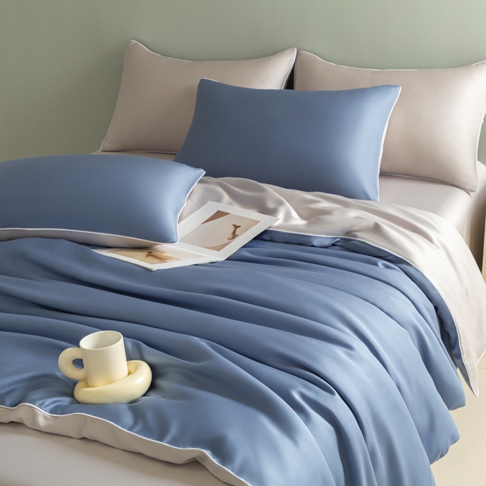 91家纺网 家纺一手货源 找家纺 缦绣阁家纺 2026新款夏季轻奢水洗仿真丝四件套凉感丝床单被套纯色冰丝床笠双人三件套 麻绳款-星海蓝+灰