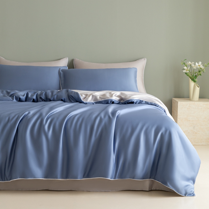 91家纺网 家纺一手货源 找家纺 缦绣阁家纺 2026新款夏季轻奢水洗仿真丝四件套凉感丝床单被套纯色冰丝床笠双人三件套 麻绳款-星海蓝+灰