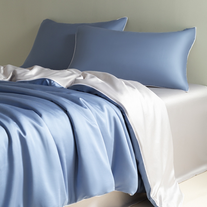 91家纺网 家纺一手货源 找家纺 缦绣阁家纺 2026新款夏季轻奢水洗仿真丝四件套凉感丝床单被套纯色冰丝床笠双人三件套 麻绳款-星海蓝+灰