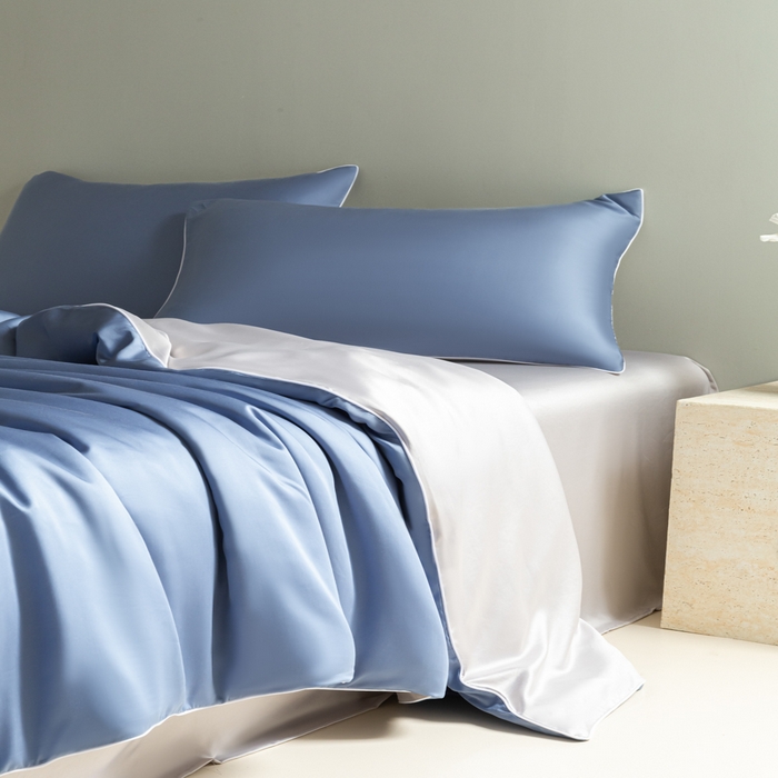 91家纺网 家纺一手货源 找家纺 缦绣阁家纺 2026新款夏季轻奢水洗仿真丝四件套凉感丝床单被套纯色冰丝床笠双人三件套 麻绳款-星海蓝+灰