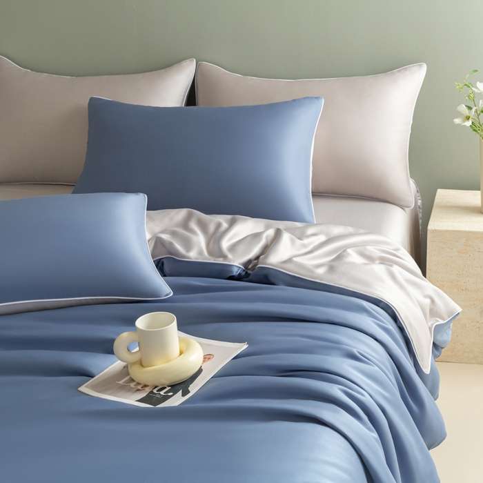 91家纺网 家纺一手货源 找家纺 缦绣阁家纺 2026新款夏季轻奢水洗仿真丝四件套凉感丝床单被套纯色冰丝床笠双人三件套 麻绳款-星海蓝+灰