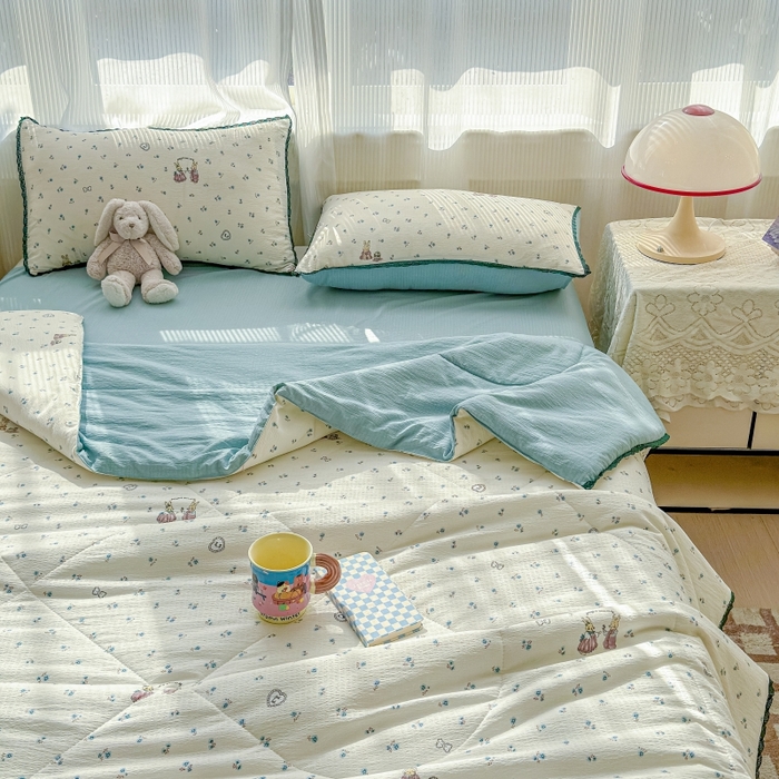 91家纺网 家纺一手货源 找家纺 水木坊 2026新款云感双层纱抗菌花边夏被夏凉被空调被-晴风系列 晴风-浪漫兔兔