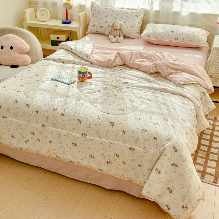 91家纺网 家纺一手货源 找家纺 水木坊 2026新款云感双层纱抗菌花边夏被夏凉被空调被-晴风系列 晴风-晴天小猫