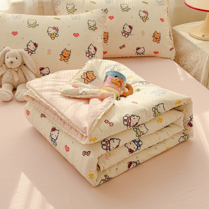 91家纺网 家纺一手货源 找家纺 水木坊 2026新款云感双层纱抗菌花边夏被夏凉被空调被-晴风系列 晴风-像素小猫