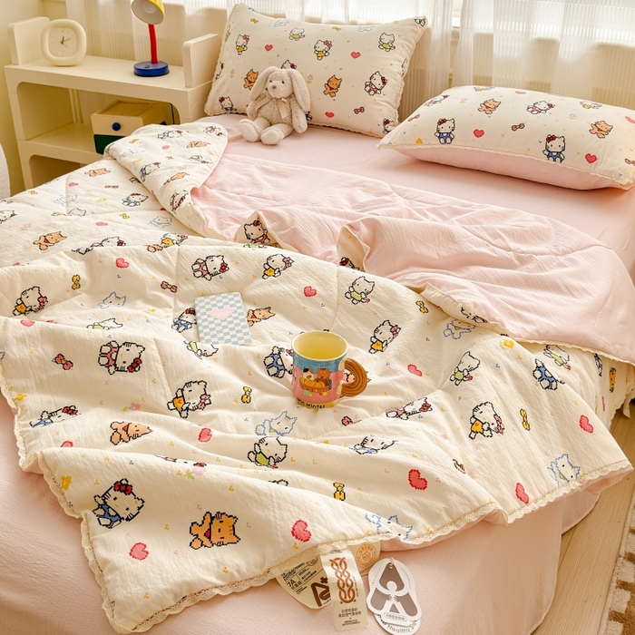 91家纺网 家纺一手货源 找家纺 水木坊 2026新款云感双层纱抗菌花边夏被夏凉被空调被-晴风系列 晴风-像素小猫