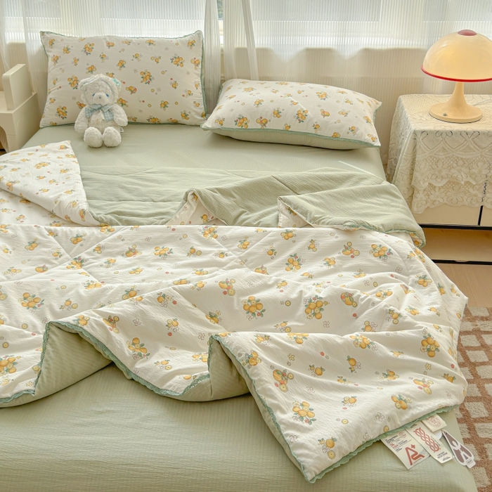 91家纺网 家纺一手货源 找家纺 水木坊 2026新款云感双层纱抗菌花边夏被夏凉被空调被-晴风系列 晴风-甜橙花事