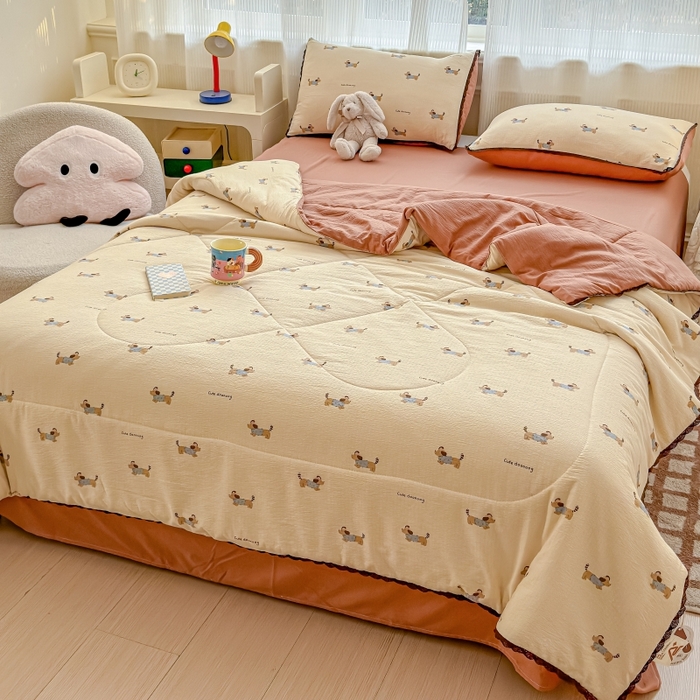 91家纺网 家纺一手货源 找家纺 水木坊 2026新款云感双层纱抗菌花边夏被夏凉被空调被-晴风系列 晴风-俏皮狗