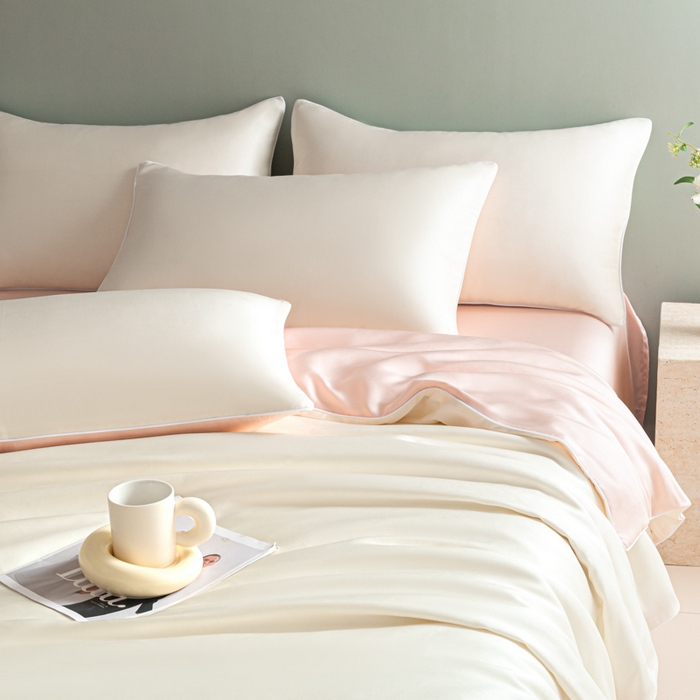 91家纺网 家纺一手货源 找家纺 缦绣阁家纺 2026新款夏季轻奢水洗仿真丝四件套凉感丝床单被套纯色冰丝床笠双人三件套 麻绳款-奶昔+粉