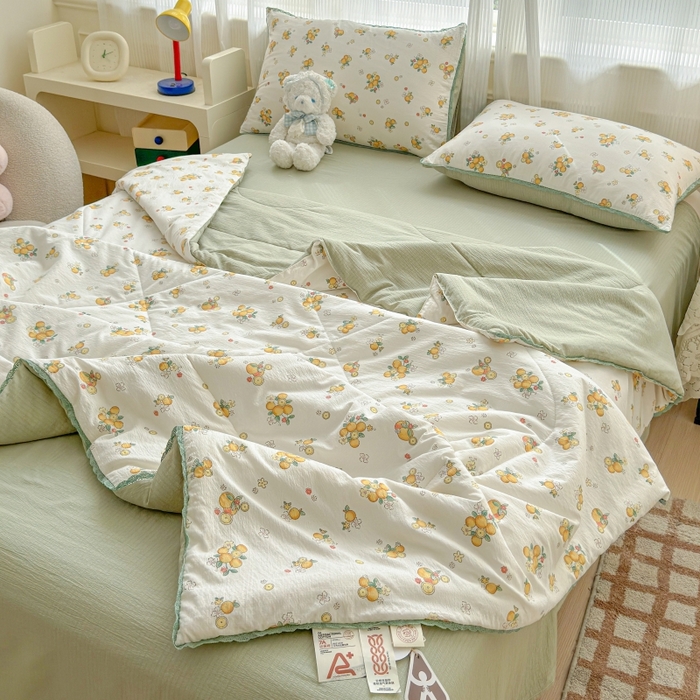 91家纺网 家纺一手货源 找家纺 水木坊 2026新款云感双层纱抗菌花边夏被夏凉被空调被-晴风系列 晴风-甜橙花事