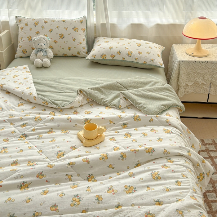 91家纺网 家纺一手货源 找家纺 水木坊 2026新款云感双层纱抗菌花边夏被夏凉被空调被-晴风系列 晴风-甜橙花事