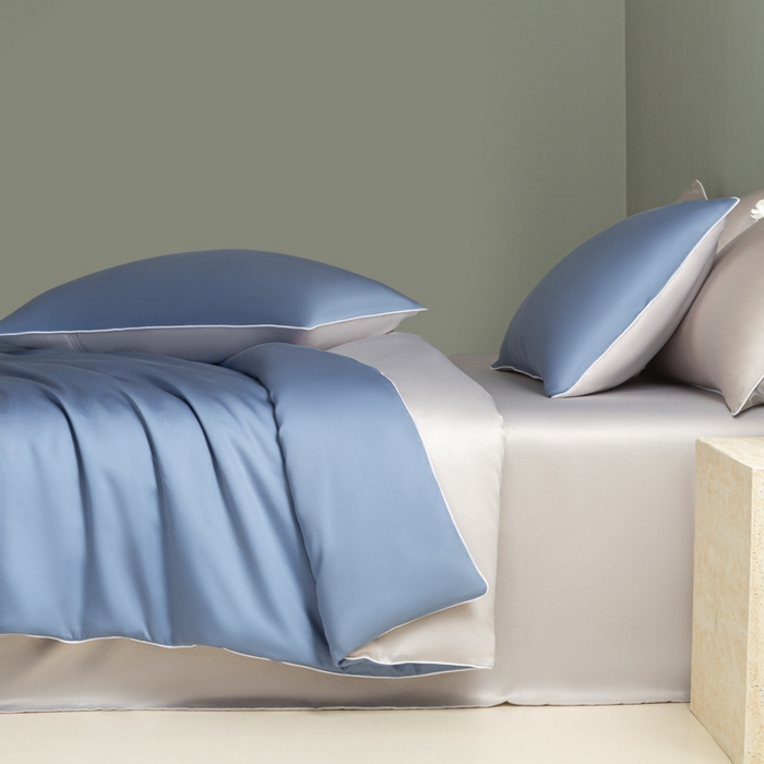 91家纺网 家纺一手货源 找家纺 缦绣阁家纺 2026新款夏季轻奢水洗仿真丝四件套凉感丝床单被套纯色冰丝床笠双人三件套 麻绳款-星海蓝+灰