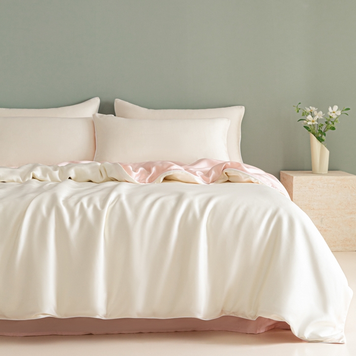 91家纺网 家纺一手货源 找家纺 缦绣阁家纺 2026新款夏季轻奢水洗仿真丝四件套凉感丝床单被套纯色冰丝床笠双人三件套 麻绳款-奶昔+粉