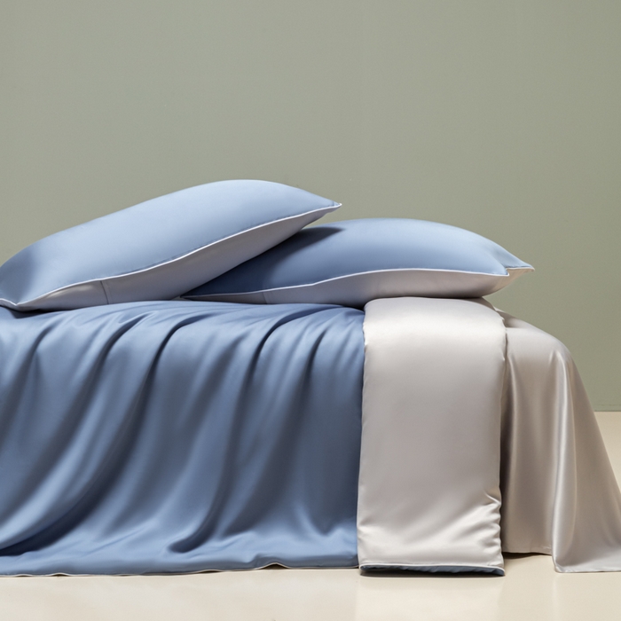 91家纺网 家纺一手货源 找家纺 缦绣阁家纺 2026新款夏季轻奢水洗仿真丝四件套凉感丝床单被套纯色冰丝床笠双人三件套 麻绳款-星海蓝+灰