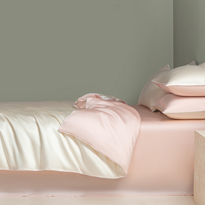 91家纺网 家纺一手货源 找家纺 缦绣阁家纺 2026新款夏季轻奢水洗仿真丝四件套凉感丝床单被套纯色冰丝床笠双人三件套 麻绳款-奶昔+粉