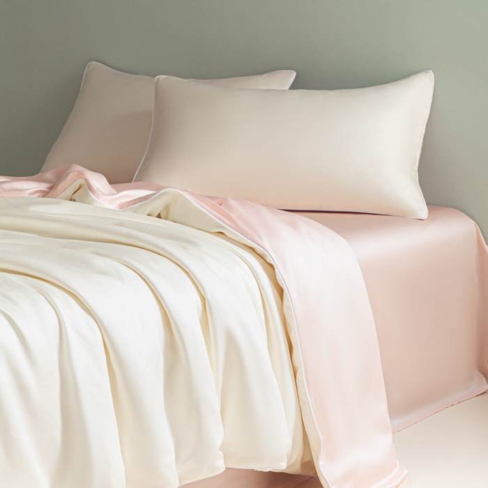 91家纺网 家纺一手货源 找家纺 缦绣阁家纺 2026新款夏季轻奢水洗仿真丝四件套凉感丝床单被套纯色冰丝床笠双人三件套 麻绳款-奶昔+粉