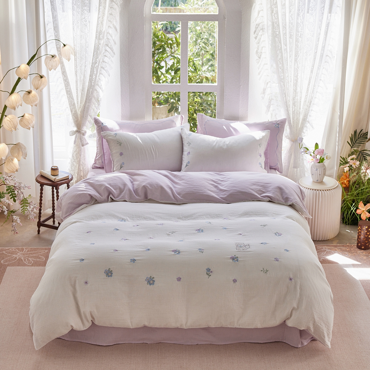 沐珩家纺 2026新款直播爆款A类母婴级素色全棉双层皱皱纱绣花纯棉双层纱四件套 香芋小花猫