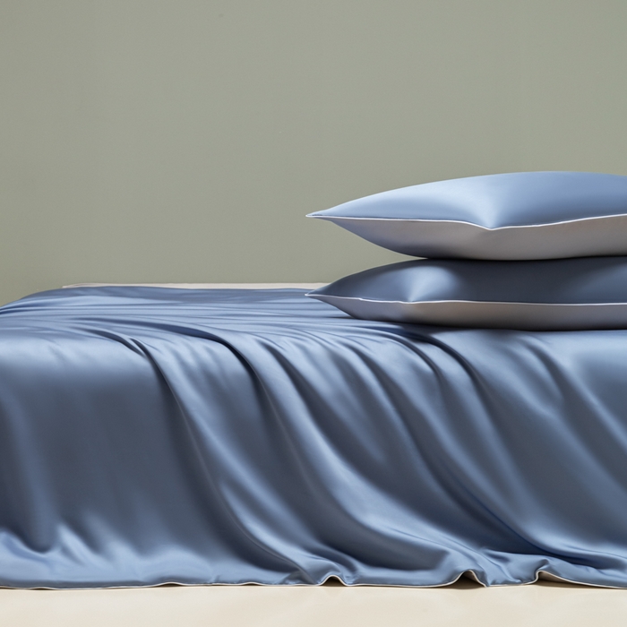 91家纺网 家纺一手货源 找家纺 缦绣阁家纺 2026新款夏季轻奢水洗仿真丝四件套凉感丝床单被套纯色冰丝床笠双人三件套 麻绳款-星海蓝+灰